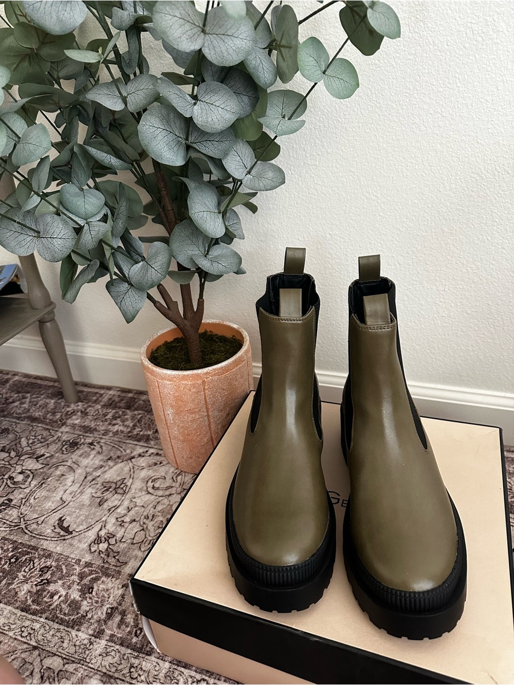 BCBGeneration Olive Green & Black Lug Sole Chelsea Combat Boots